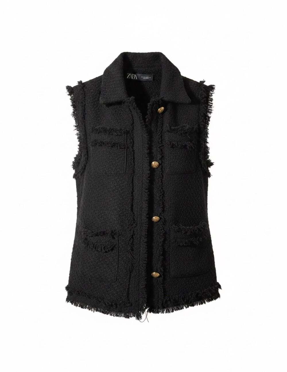 Zara Black Textured Tweed Waistcoat with Frayed Trims and Gold Buttons